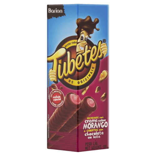 Rolinhos de Wafer Recheio Creme de Morango Cobertura Chocolate ao Leite Barion Tubetes Caixa 50g