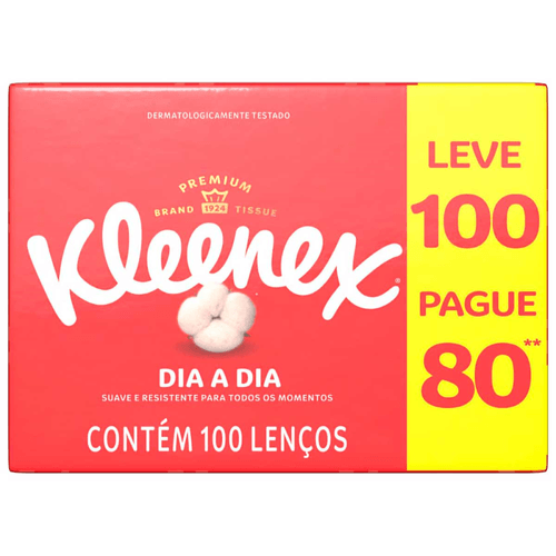 Lenço de Papel Folha Dupla Suave Kleenex Kids 12,7cm x 21,2cm Caixa Leve 100 Pague 80 Unidades