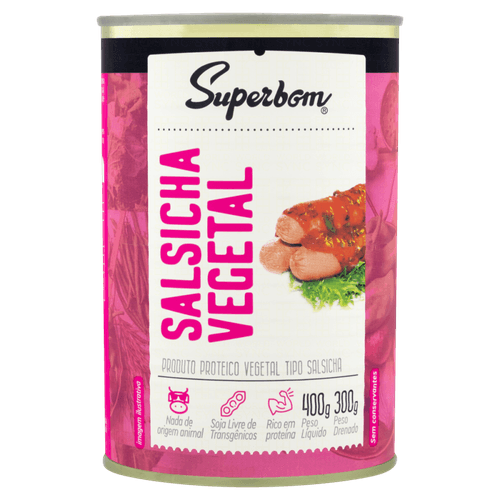 Salsicha Proteica Vegetal Superbom Lata Peso Líquido 400g Peso Drenado 300g