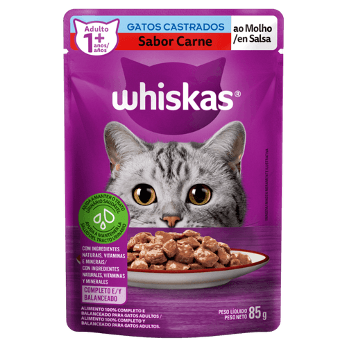 Alimento 100% Completo e Balanceado para Gatos Castrados Adultos Carne ao Molho Whiskas Sachê 85g