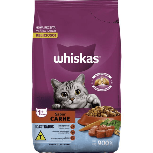 Alimento Premium para Gatos Castrados Adultos Carne Whiskas Pacote 900g