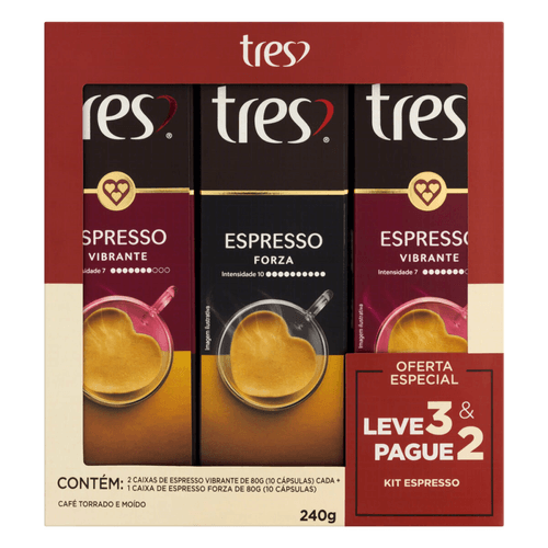 Kit Café em Cápsula Torrado e Moído 2 Espresso Vibrante + 1 Espresso Forza Tres 80g Cada Leve 3 Pague 2 Unidades