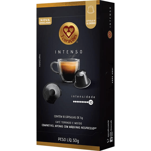 Café em Cápsula Torrado e Moído Intenso 3 Corações Caixa 50g 10 Unidades de 5g Cada