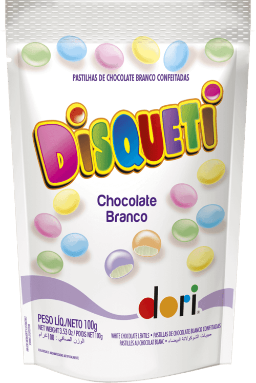 Pastilha de Chocolate Branco Confeitada Dori Disqueti Sachê 100g