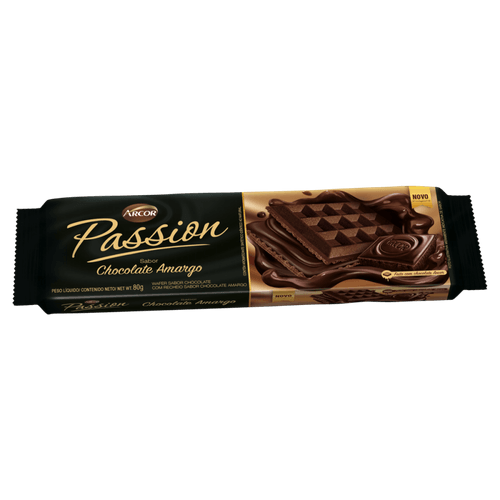 Biscoito Wafer Chocolate com Recheio Chocolate Amargo Arcor Passion Pacote 80g