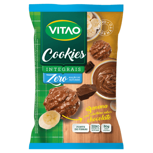 Biscoito Cookie Integral Banana com Cobertura de Chocolate sem Adição de Açúcar Vitao Pacote 80g