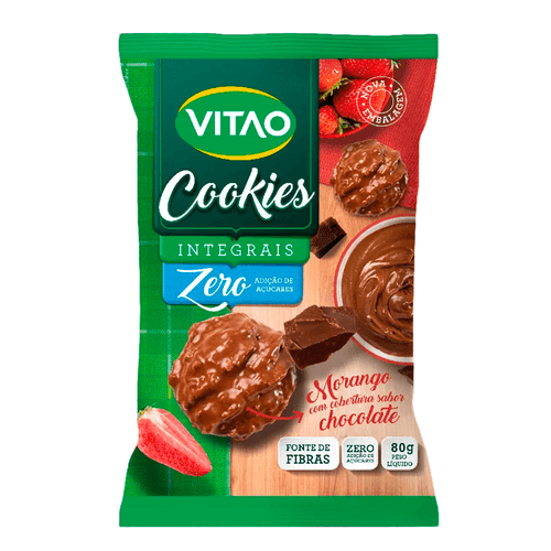 Biscoito Cookie Integral Morango com Cobertura de Chocolate sem Adição de Açúcar Vitao Pacote 80g