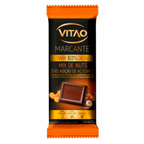 Chocolate Dark VITAO Marcante Mix de Nuts 60% Cacau Vegano Zero Lactose e sem Glúten Zero Adição de Açúcares 70g