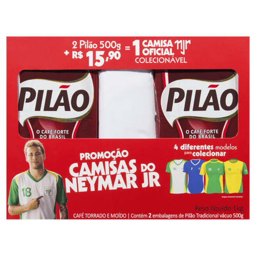 Kit 2 Cafés Torrado E Moído A Vácuo Tradicional 500g + 1 Camisa Oficial Colecionável Branca Neymar Jr Pilão