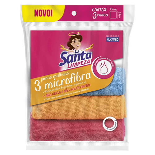 Pano Multiuso Microfibra Santa Limpeza 29cm x 29cm 3 Unidades