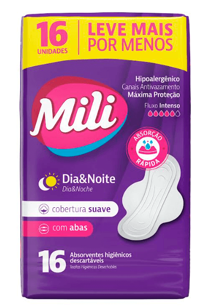 Absorvente Dia & Noite Suave com Abas Mili Pacote 16 Unidades