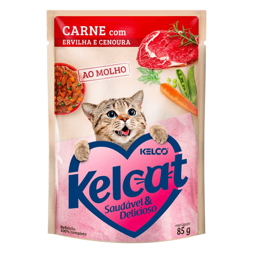 Ração Úmida para Gatos Kelcat Carne, Ervilha e Cenoura Sachê 85g