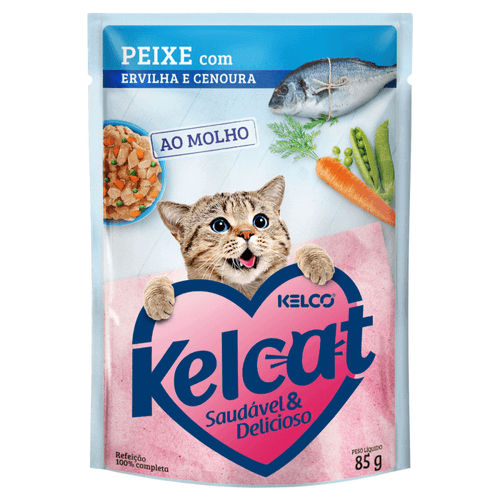 Ração Úmida para Gatos Kelcat Peixe, Ervilha e Cenoura Sachê 85g