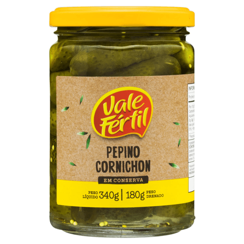 Pepino Cornichon em Conserva Vale Fértil Vidro Peso Líquido 340g Peso Drenado 180g