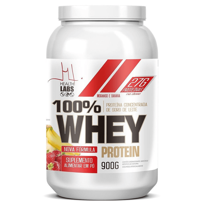 Suplemento-Whey-Health-Labs-Sabor-Banana-e-Morango-Pote-900g