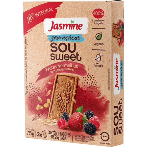 Biscoito com Cereais Vegano 40,5% Integral Frutas Vermelhas Zero Açúcar Jasmine Sou Sweet Caixa 75g 3 Unidades de 25g Cada