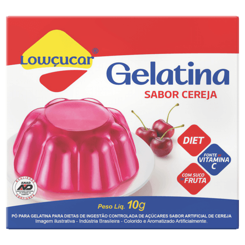 Gelatina Pó Cereja Diet Zero Açúcar para Dietas de Ingestão Controlada de Açúcares Lowçucar Caixa 10g