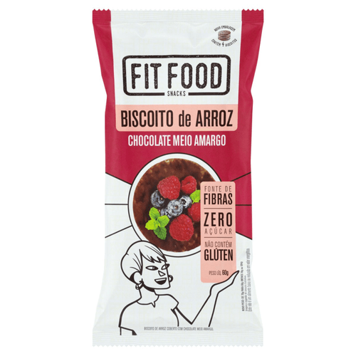 Biscoito de Arroz Cobertura Chocolate Meio Amargo Zero Açúcar Fit Food Pacote 60g 4 Unidades