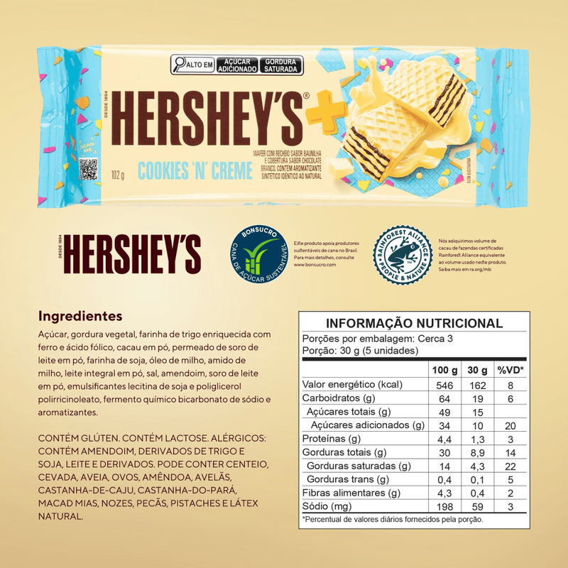 Wafer-com-Recheio-Baunilha-e-Cobertura-Chocolate-Branco-Cookies--n--Creme-Hershey-s-Mais-Pacote-102g