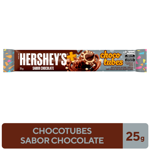 Rolinhos de Wafer Chocolate Recheio com Creme Chocolate e Cobertura Chocolate com Flocos Crocantes de Arroz Hershey's Mais Chocotubes Pacote 25g