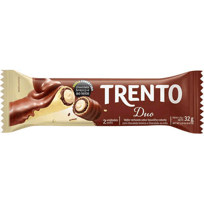 Wafer Duo Recheio Baunilha Cobertura Chocolate Branco e Chocolate ao Leite Trento Pacote 32g 2 Unidades