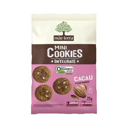 Biscoito Vegano Integral Orgânico Cacau &amp; Castanhas Mãe Terra Mini Cookies Pacote 25g