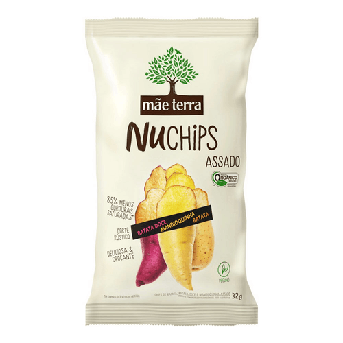 Chips de Batata-Doce, Mandioquinha e Batata Assado Orgânico Mãe Terra Nuchips Pacote 32g