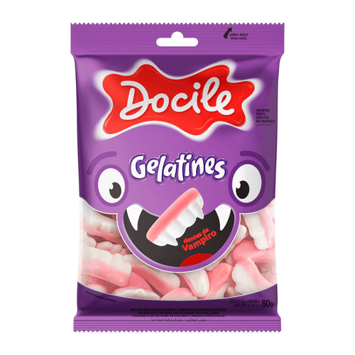 Bala de Gelatina Framboesa Dentes de Vampiro Docile Gelatines Pacote 80g