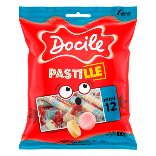 Pastilha Sortida Morango, Abacaxi, Limão, Uva, Tutti Frutti ou Laranja Docile Pastille Mini Pacote 100g 12 Unidades