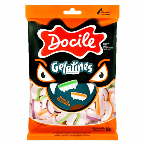Bala de Gelatina Maçã-Verde, Uva ou Tangerina Dentes de Monstro Docile Gelatines Pacote 80g