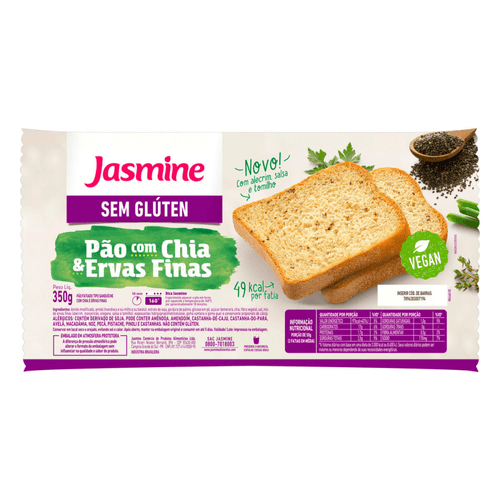 Pão Fatiado Com Chia E Ervas Finas Jasmine Sem Glúten 350G