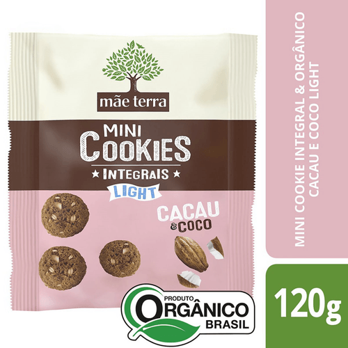 Biscoito Vegano Integral Orgânico Cacau & Coco Light 7 Grãos Mãe Terra Mini Cookies Pacote 120g