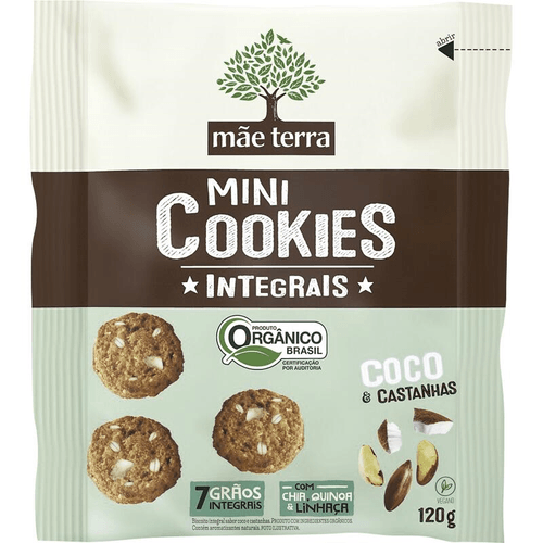 Biscoito Vegano 38% Integral Orgânico Coco & Castanha com Cereais, Chia e Linhaça Mãe Terra Mini Cookies Pacote 120g