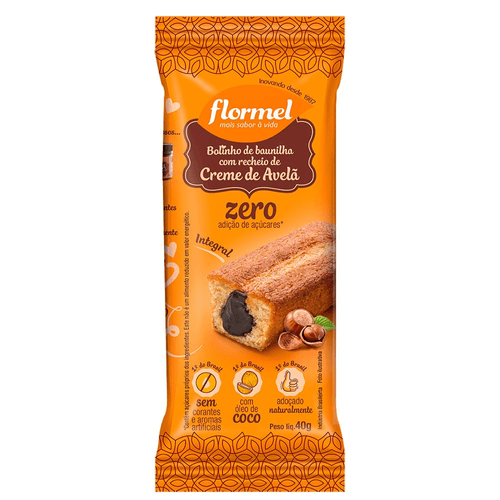 Bolinho Integral Baunilha Recheio Creme de Avelã Flormel Pacote 40g