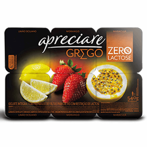 Iogurte Grego Apreciare Morango, Limão Siciliano e Maracujá Zero Lactose 540g