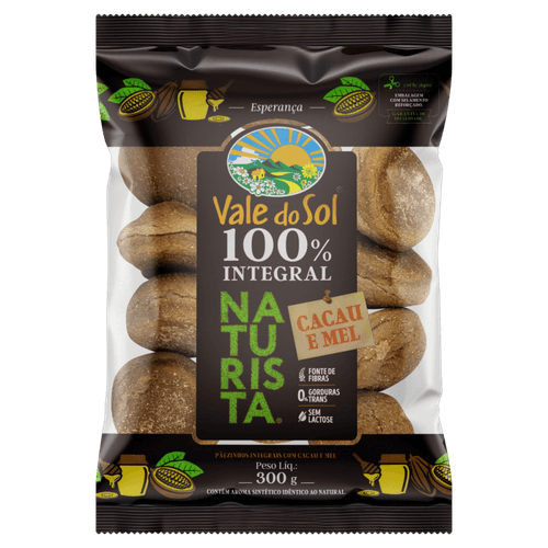Pãezinhos 100% Integrais Cacau e Mel Zero Lactose Vale do Sol Naturista Pacote 300g