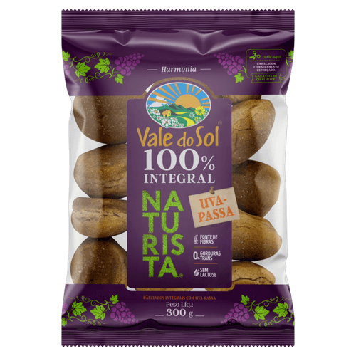 Pãezinhos 100% Integrais Uva-Passa Zero Lactose Vale do Sol Naturista Pacote 300g