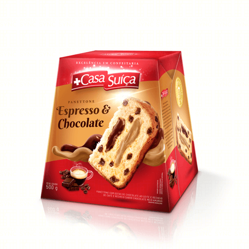 Panettone com Gotas de Chocolate ao Leite Recheio Café Espresso & Chocolate Meio Açúcar Casa Suíça Caixa 500g