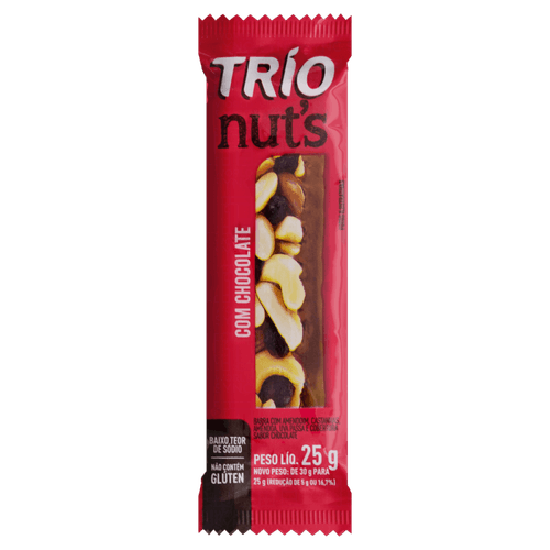 Barra de Nuts com Amendoim, Castanha-de-Caju, Castanha-do-Pará, Amêndoa, Uva-Passa e Cobertura Chocolate Trío Pacote 25g