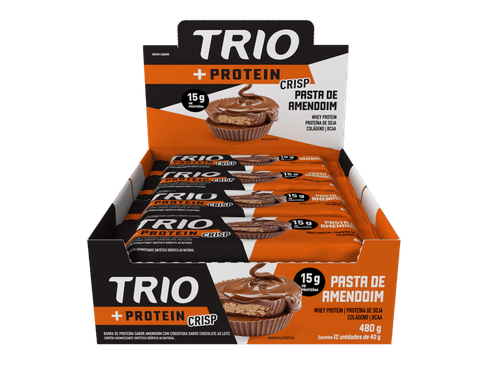 Barra de Proteína 15g de Proteína Pasta de Amendoim Cobertura Chocolate ao Leite Trío +Protein Crisp Pacote 40g