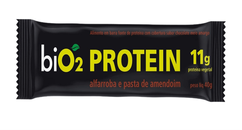 Barra-de-Proteina-Vegana-Alfarroba-e-Pasta-de-Amendoim-Cobertura-Chocolate-Meio-Amargo-biO2-Protein-Pacote-45g