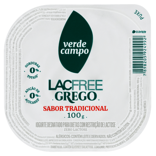 Iogurte Desnatado Grego Tradicional Zero Lactose para Dietas com Restrição de Lactose sem Adição de Açúcar Verde Campo Lacfree Pote 100g