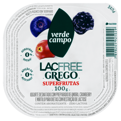 Iogurte Desnatado Grego Superfrutas Zero Lactose Verde Campo Lacfree Pote 100g