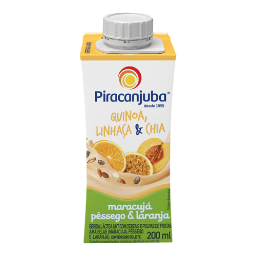 Bebida Láctea UHT com Cereais e Polpas de Frutas Amarelas Maracujá, Pêssego e Laranja com Quinoa, Linhaça e Chia Piracanjuba Caixa 200ml
