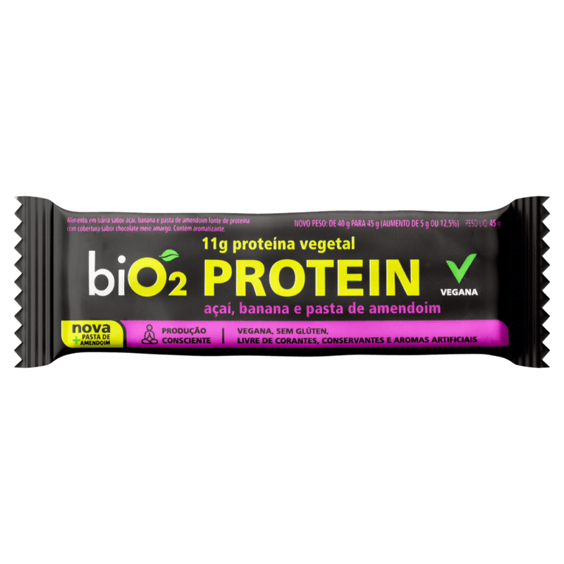 Barra-de-Proteina-Vegana-Acai-Banana-e-Pasta-de-Amendoim-Cobertura-Chocolate-Meio-Amargo-biO2-Protein-Pacote-45g