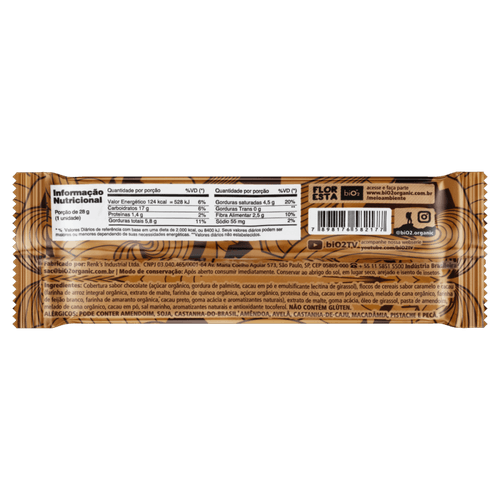 Barra de Cereal Caramelo e Cacau Cobertura Chocolate Meio Amargo biO2 Vegan Crunchy Pacote 28g