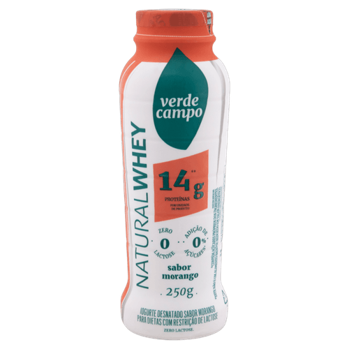 Iogurte Desnatado Morango Zero Lactose para Dietas com Restrição de Lactose sem Adição de Açúcar Verde Campo Natural Whey 14g de Proteína Frasco 250g