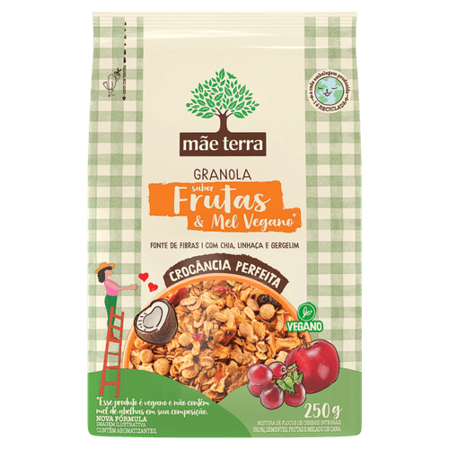 Granola Mistura de Flocos de Cereais Integrais, Sementes Chia, Linhaça e Gergelim, Frutas, Mel Vegano Melado de Cana Mãe Terra Pacote 250g