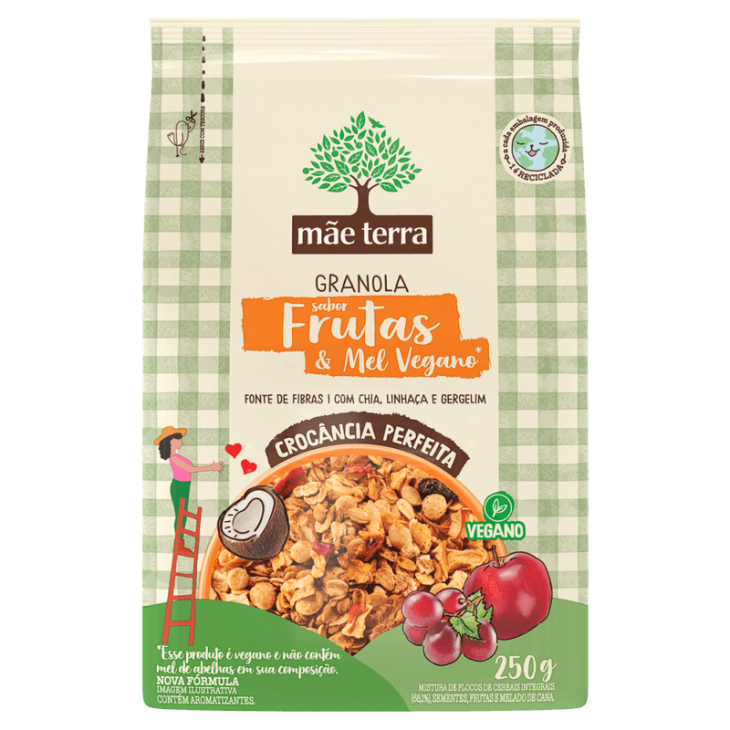 Granola-Mistura-de-Flocos-de-Cereais-Integrais-Sementes-Chia-Linhaca-e-Gergelim-Frutas-Mel-Vegano-Melado-de-Cana-Mae-Terra-Pacote-250g