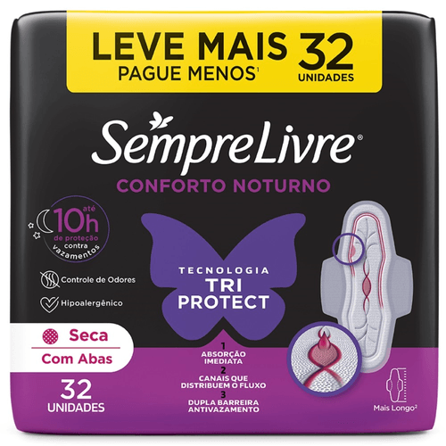 Absorvente com Abas Seca Sempre Livre Conforto Noturno Pacote 32 Unidades Leve Mais Pague Menos